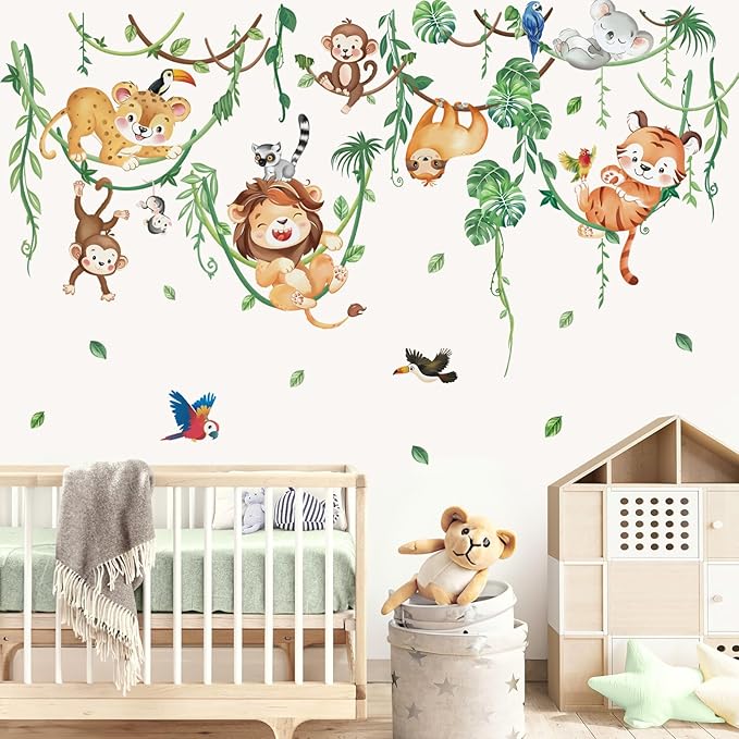 wondever Jungle Animals Climbing Tree Wall Stickers Lion Koala Tiger Monkey Peel and Stick Wall Art Decals for Baby Nursery Kids Bedroom Living Room