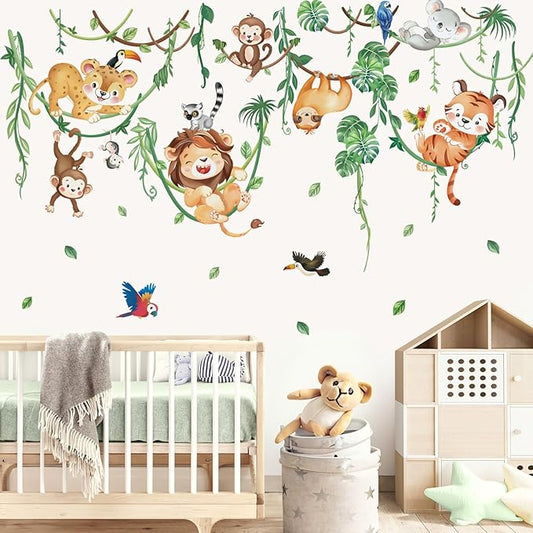 wondever Jungle Animals Climbing Tree Wall Stickers Lion Koala Tiger Monkey Peel and Stick Wall Art Decals for Baby Nursery Kids Bedroom Living Room