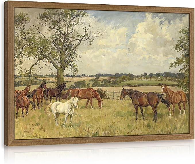 Clicyre Horse Pasture Wall Art, Vintage Country Canvas Print, Western Landscape Artwork, Peaceful Rustic Farmhouse Brown Horse Wall Decor for Living Room Bedroom Hallway Office Wood Framed 12x16 Inch