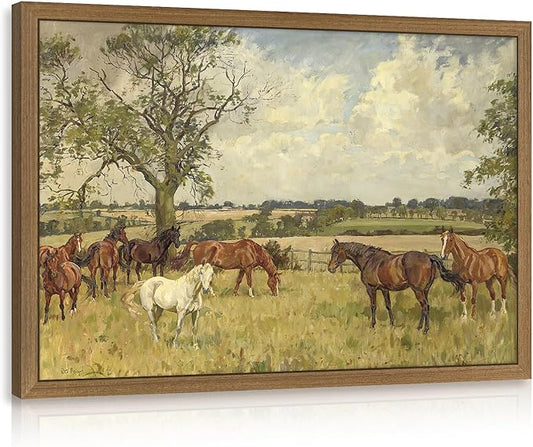 Clicyre Horse Pasture Wall Art, Vintage Country Canvas Print, Western Landscape Artwork, Peaceful Rustic Farmhouse Brown Horse Wall Decor for Living Room Bedroom Hallway Office Wood Framed 12x16 Inch