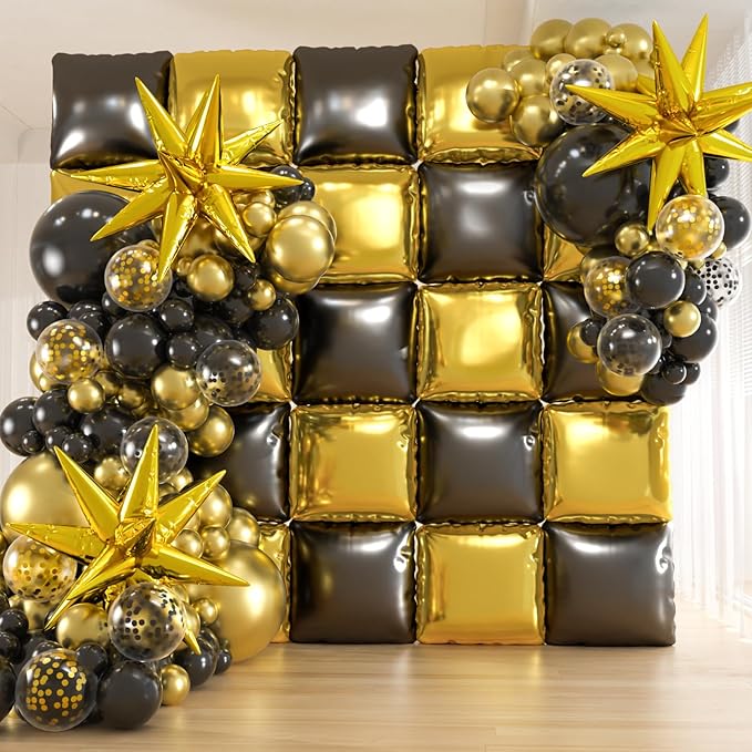 25pcs Black and Gold Foil Square Balloon Backdrop Wall &139pcs Gold Black Balloons Arch Kit, Double Sided Balloon Tunnel for Birthday 2025 New Year Graduation Party Decoration