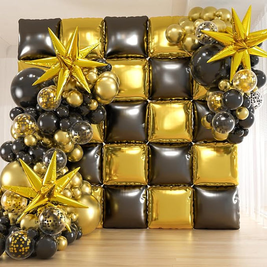 25pcs Black and Gold Foil Square Balloon Backdrop Wall &139pcs Gold Black Balloons Arch Kit, Double Sided Balloon Tunnel for Birthday 2025 New Year Graduation Party Decoration
