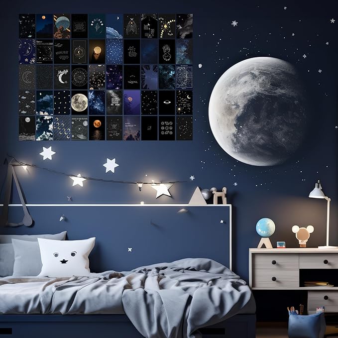 Astronomy Wall Collage Kit Aesthetic Pictures, Moon Stars Photo Collage Kit Dorm Room Decor for Teen Boy Girl, Moonlight Aesthetic Room Decor Photo Collection for Bedroom (50pcs 4x6 inch)
