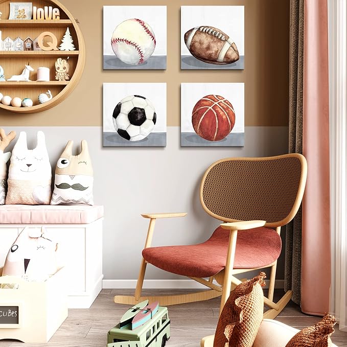 Boys Room Wall Decor Sports Decor for Boys Bedroom Rustic Soccer Football Baseball Basketball Canvas Pictures Kids Wall Art Vintage Ball Painting Nursery Playroom Artwork Home Decorations 12x12" 4 Pcs