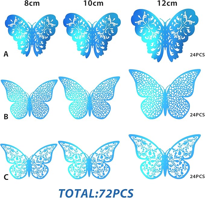 Bememo 72 Pieces 3D Butterfly Wall Decals Sticker Decal Wall Decor Art Decorative Sticker 3 Sizes for Room Offices Bedroom Bathroom Living Room Decor(Holographic Blue)
