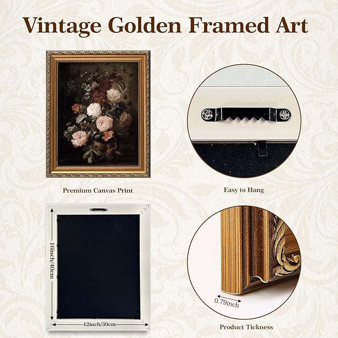 ASTRDECOR Vintage Floral Framed Wall Art, Moody Antique Flower Oil Painting Print, Dark Botanical Canvas Artwork for Rustic Farmhouse & Modern Home Decor, Floral Pictures Canvas Artwork 12x16 inch