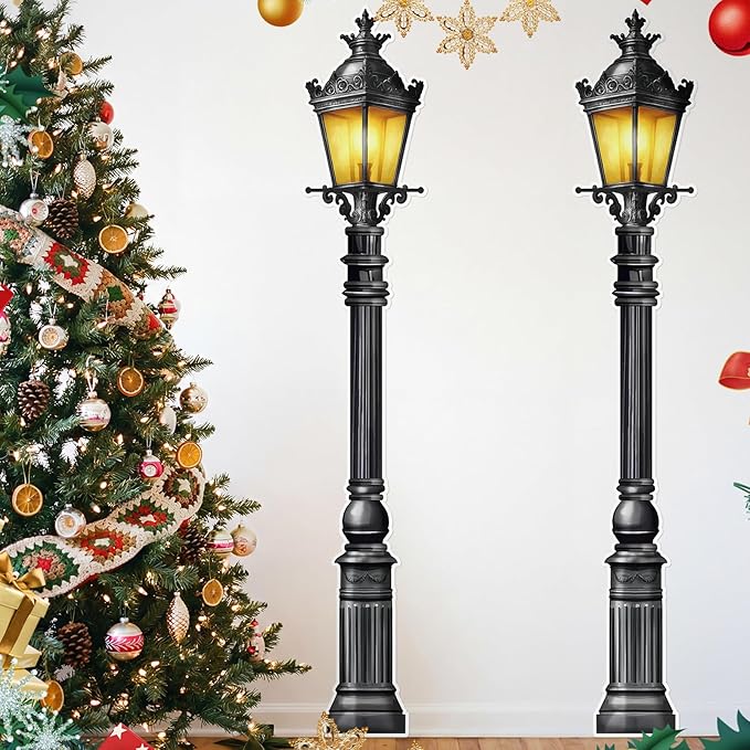 Honoson 2 Pcs 6' Tall Mardi Gras Lamp Post Cutouts Winter Vintage Life Size Lamppost Photo Props New Orleans Carnival Street Light Wall Decorations for Masquerade Party Backdrop Home Decor (Plastic)