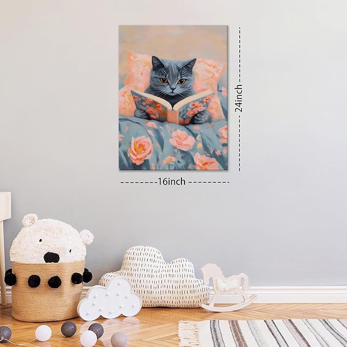 Framed Cat Reading Book Canvas Wall Art, Cute Gray Kitten Painting Print, Funny Animal Lovers Picture Wall Decor for Bedroom Living Room Kids Room Girls Room Home Decor 12x16 Inch