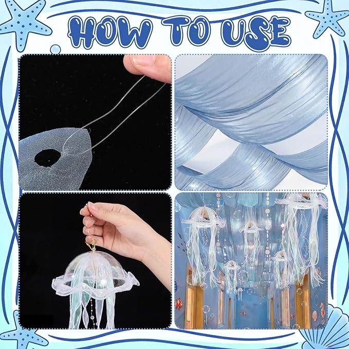 1.97 x 9.83 ft 11 Pcs Ocean Classroom Ceiling Decoration Kit Summer Under The Sea Beach Classroom Decoration Coastal with 3 Blue Organza and 4 Jellyfish 4 White Disc for Party Office School