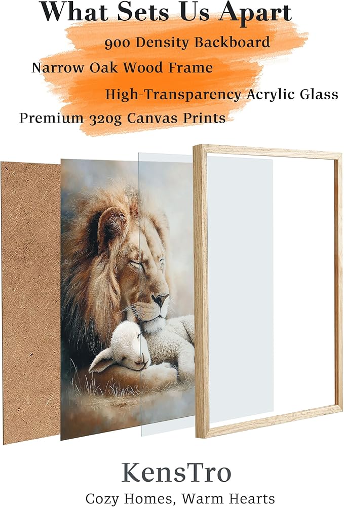 KensTro Christian Nursery Decor Framed Wall Art, 12x16 in Lion and Lamb Canvas Wall Art Prints,Christ, Jesus, God, lion of Judah, Lamb of God,Peaceful Print for Christian Boy and Girl Bedroom Set of 1