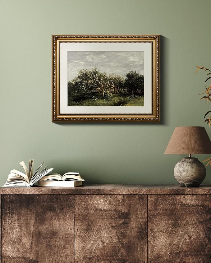 VIYYIEA Gold Framed Impressionist Landscape Orchard Wall Art, Elegant Nature Scene for Living Room Decor | Zero-Glare No Glass Design, Lightweight Canvas Painting | 13x16 Inch