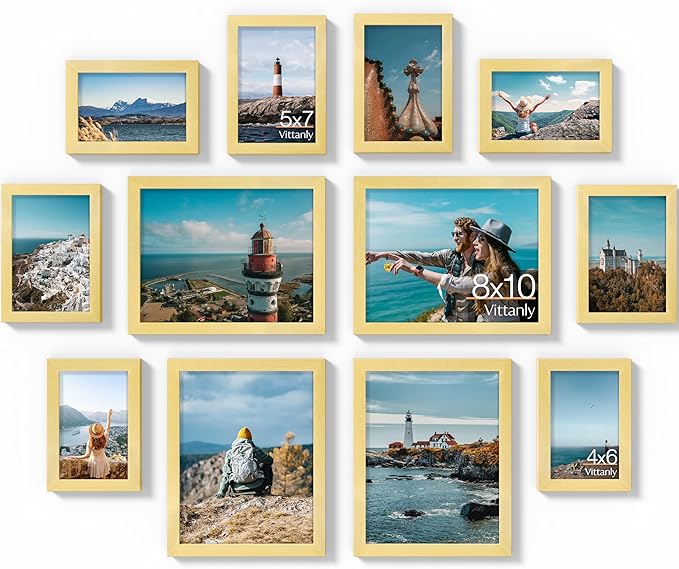 Vittanly 12 Pack Picture Frames Collage Wall Decor for Mounting or Tabletop Display, Gallery Wall Frame Set for Family, Multi Sizes Including 4pcs 8x10, 4pcs 5x7, 4pcs 4x6, Gold