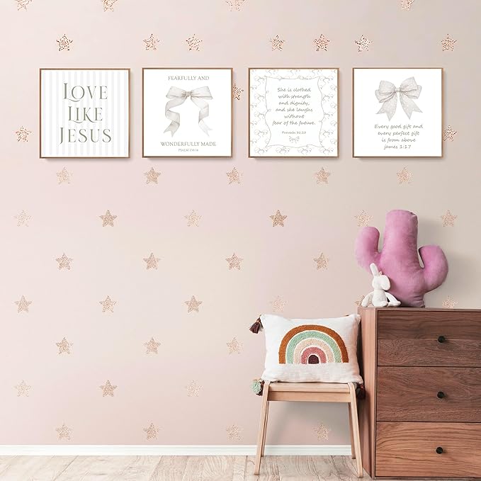LARTSFRO Coquette Beige Bow Jesus Wall Art Decor Posters, Beige Bow Christian Room Bedroom Bathroom Wall Art Decor Aesthetic for Teen Girls Gifts, Inspirational Bible Verses Bow Wall Decor, 10x10 Inch Set of 4 Bow Pictures (UNFRAMED)