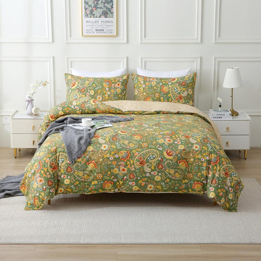 ABREEZE Paisley Bedding Sets 3Pcs Brushed Cotton Duvet Cover Set Queen Size Rustic Damask Green Floral Comforter Cover with Zipper Closure Boho Bedding Collections