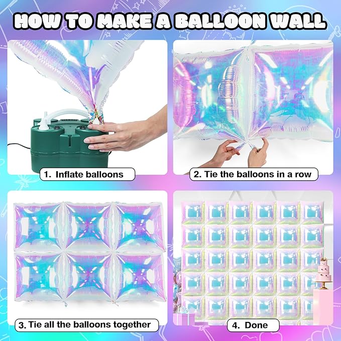 NISOCY 36PCS Iridescent Square Foil Balloons Wall Backdrop Holographic Balloons Tunnel Garland Arch Kit for Birthday Wedding Graduation Bridal Baby Shower New Year Rainbow Party Decorations