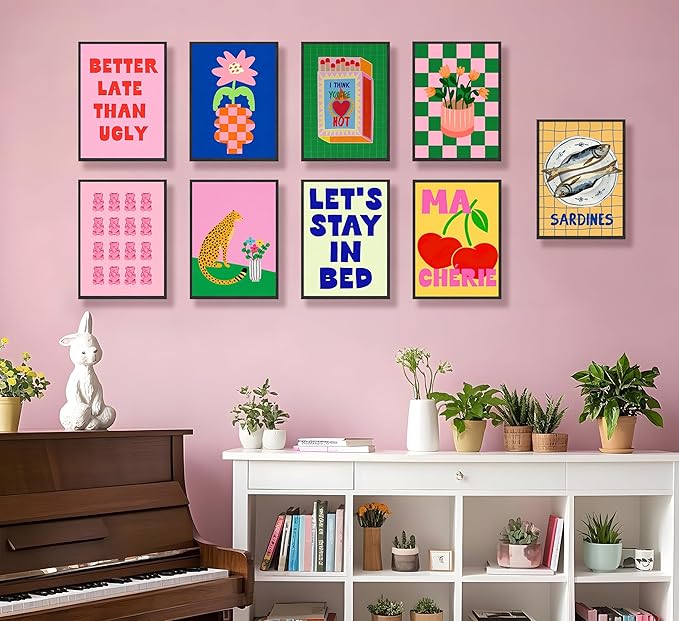 JWDXNOOK 9pcs Colorful Eclectic Wall Art Fashion College Room Aesthetic Posters Wall Decor Vintage Simple Canvas Paintings Prints Suitable for Teen Girls Dormitory Wall Decoration Unframed