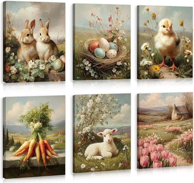 CHDITB Easter Framed Canvas Wall Art Set, Vintage Bunny Rabbit Chick Lamb Artwork, Spring Farmhouse Wall Decor, Easter Eggs Tulip Poster, Country Farm Painting For Living Room Bedroom Decor 8”X10”