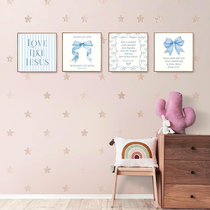 LARTSFRO Coquette Blue Bow Jesus Wall Art Decor Posters, Light Blue Bow Christian Room Bathroom Bedroom Dorm Wall Art Decor Aesthetic for College Teen Girls Gifts, Inspirational Bible Verses Bow Wall Decor, 8x8 Inch Set of 4 Bow Pictures(UNFRAMED)