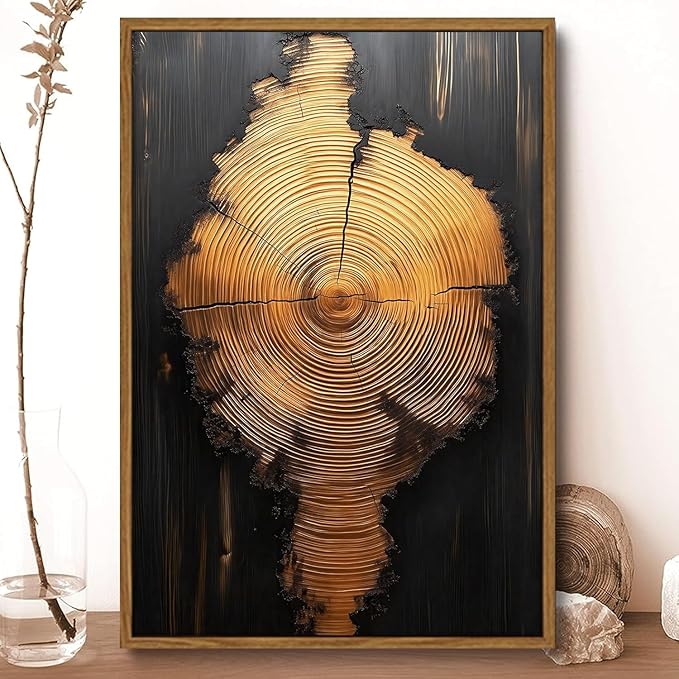 IBHJSART Framed Tree Ring Canvas Wall Art Black And Gold Wall Art Painting Prints Modern Minimalist Pictures Neutral Nature Rustic Farmhouse Decor Living Room Bedroom Bathroom Office