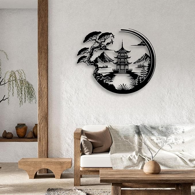LIYOUYA Bonsai Tree Torii Gate Metal Wall Decor - Japanese Style Room Decor Black Wall Art Home Decor for Living Room, Bedroom, Dining Room (Black)