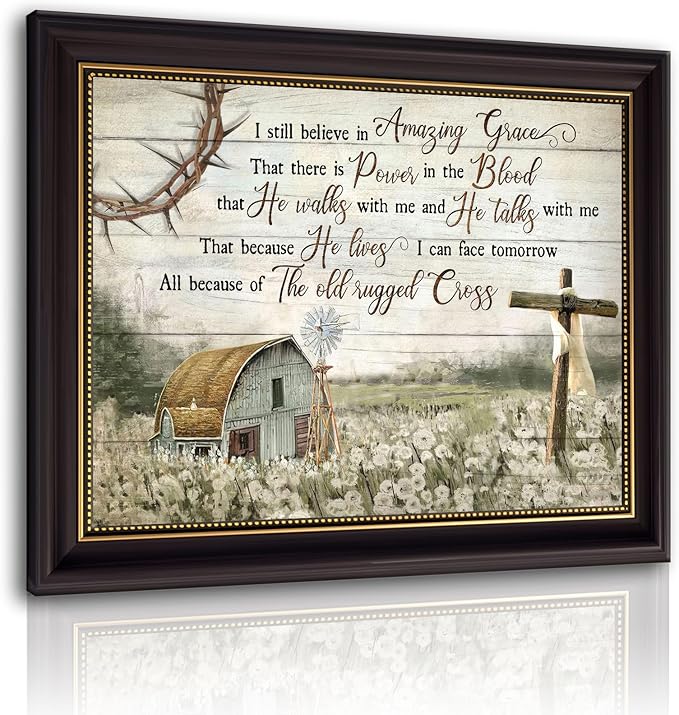 HDXUFJQ Dark Brown Framed Christian Wall Art Barn Windmill Canvas Wall Decor Religious Cross Wall Art I Still Believe In Amazing Grace Picture Print Christian Prayer Decor Paintings(16"x24")