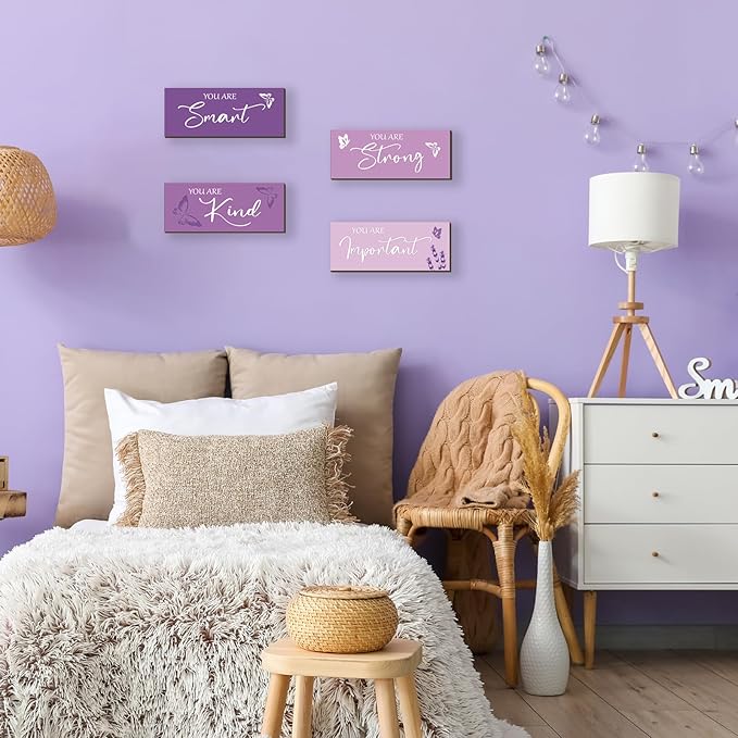 FENCORDAR 4 Pcs Butterfly Wall Decor Girls Room Decor Wooden Purple Wall Decor Positive Butterfly Wall Art Prints Inspirational Gift for Teen Girls Women Room Nursery Bedroom Bathroom(Purple, 10x4)