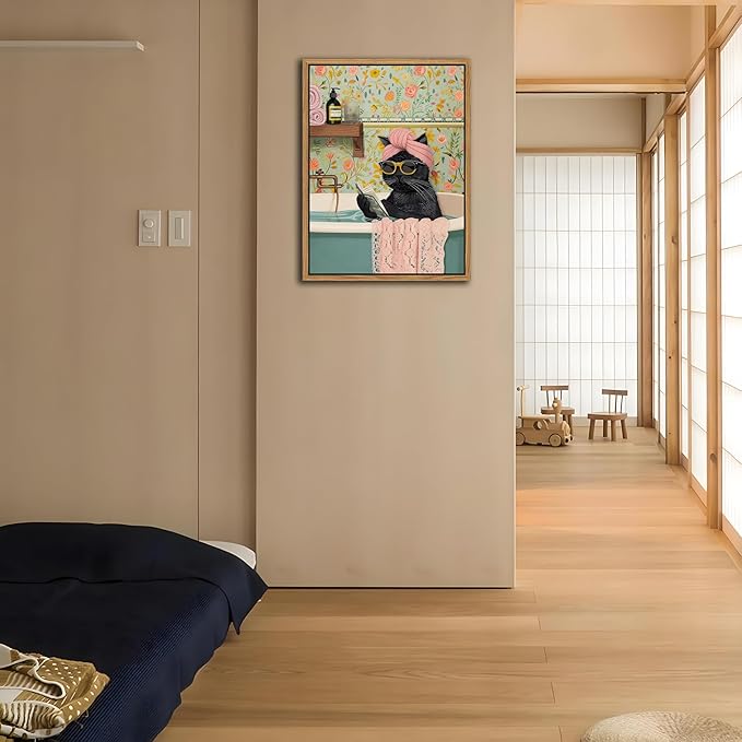 Floating Framed Bathroom Cat Canvas Wall Art, Funny Black Cat Reading Wall Decor, Cute Animal Prints Pictures Posters for Living Room Bedroom Toilet Kids Room Paintings 12x16 inch