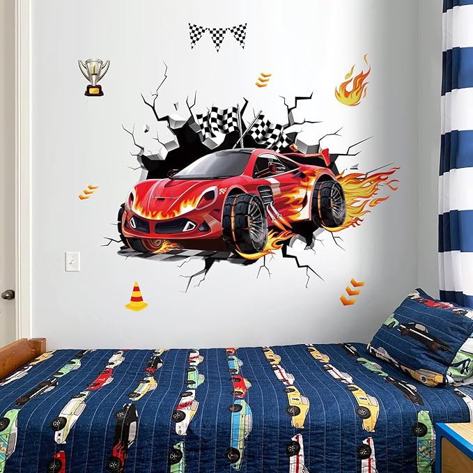 decalmile 3D Racing Cars Wall Decals Red Cars Flags Wall Stickers Baby Nursery Boys Bedroom Kids Room Wall Decor Gifts for Kids