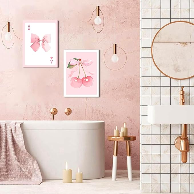 Trendy Pink Bows Canvas Wall Art Set of 3, Vintage Preppy Cherry Posters Prints, Pink Girly Room Aesthetic Wall Decor Painting for College Apartment Living Room Bedroom 16x24 In Framed