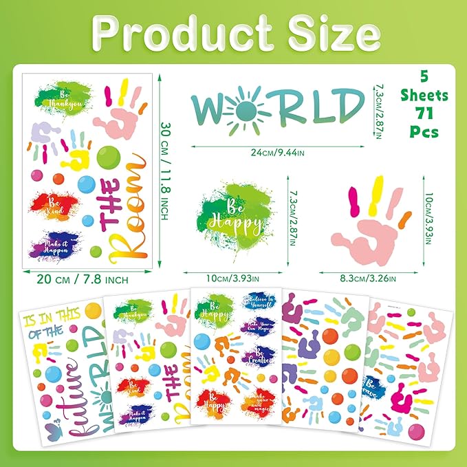Colorful Inspirational Wall Decals for Classroom Decor, Vinyl Paint Splatter Handprint Inspirational Quotes Wall Stickers for Kids Bedroom School Nursery Decorations