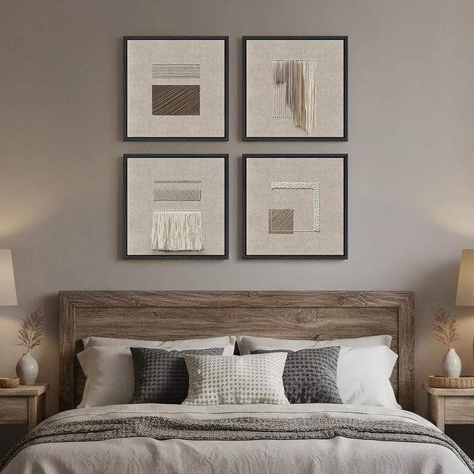 Framed Abstract Geometric Wall Art Decor, 4 Piece Modern Minimalist Neutral 2D Canvas Wall Art Prints, Contemporary Beige Square Artwork for Walls Living Room Dining Room Bedroom Hallways, 12x12