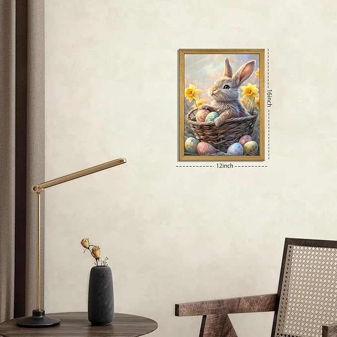 Easter Bunny Wall Art, Cute Rabbit Canvas Wall Decor Painting, Easter Eggs Poster Print Picture, Spring Farmhouse Animal Oil Painting for Living Room Bedroom Kitchen Holiday Home Decor 12x16 Inch Wood Framed