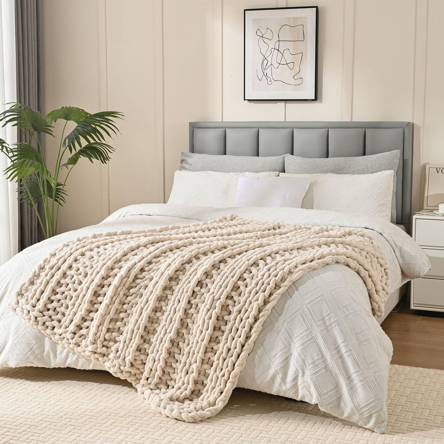 Esterra Chunky Knit Blanket Throw, 100% Handmade Chenille Throw Blanket 40"x50", Soft Thick Yarn Cable Knit Crochet Throw Blanket Rope Knot Throw for Couch Bed Sofa, Apricot White
