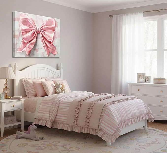 Pink Bow Canvas Wall Art Trendy Cute Preppy Watercolor Bow Painting Pictures Wall Decor Posters Prints Girly Aesthetic for College Apartment Bedroom Decoration