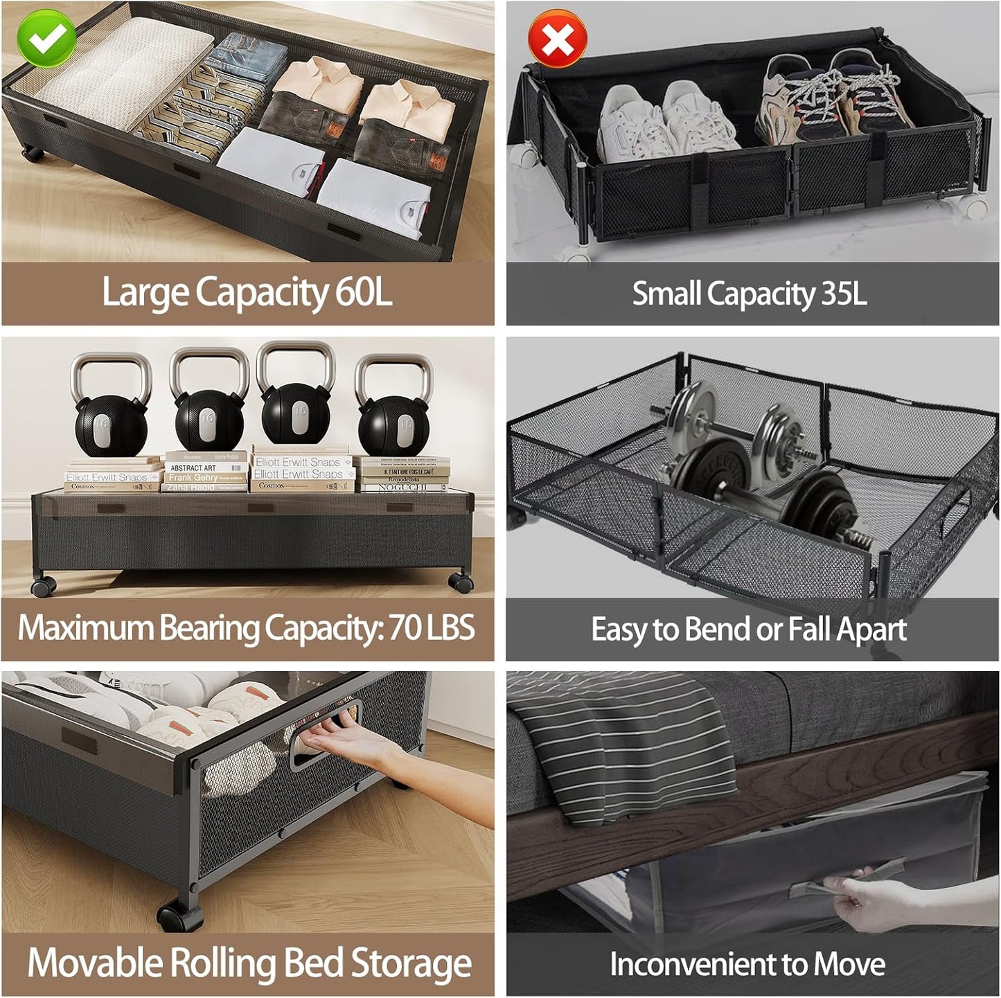Under Bed Storage Containers with Wheels, 2 Pack Underbed Shoe Storage Organizer with Removable Lids, Large Rolling Under Bed Storage Dresser Drawers for Clothes Toys Shoes Blankets