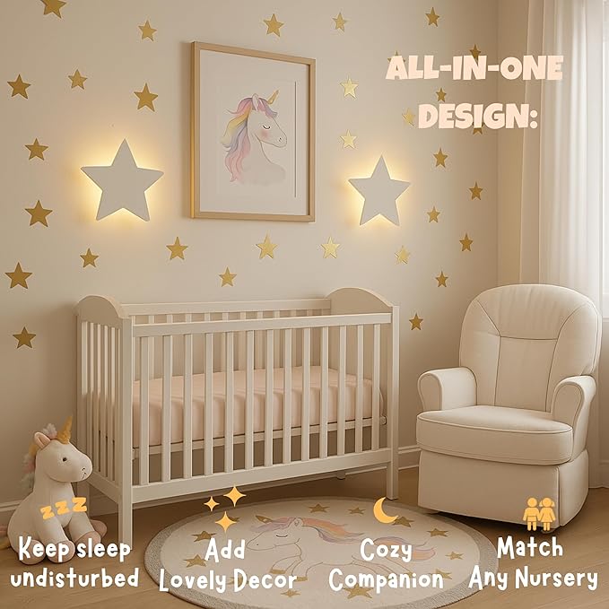 Star Wall Lights 2 Pack – Dimmable & Rechargeable for Kids & Baby Room Decor – Made for Bedtime Routines (Moon & Star Decals Included)