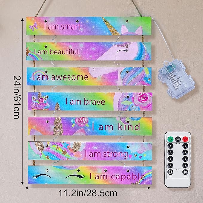 FIOBEE Girls Room Décor for Teen Girls Boys with LED Light Wall Decor for Bedroom Motivational Inspirational Wall Art Girl Room Decoration for Kids Studyroom, 8 Kinds of Lights, Rainbow Unicorn