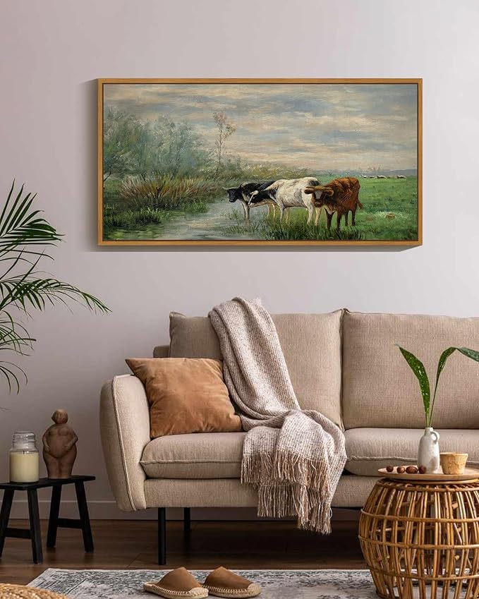 SHENIFY 20x40in Extra Large Vintage Framed Wall Art Cow Farm Landscape Painting Retro Meadow Scenery Farmhouse Bedroom Above of Bed Living Room Decor - Natural Framed