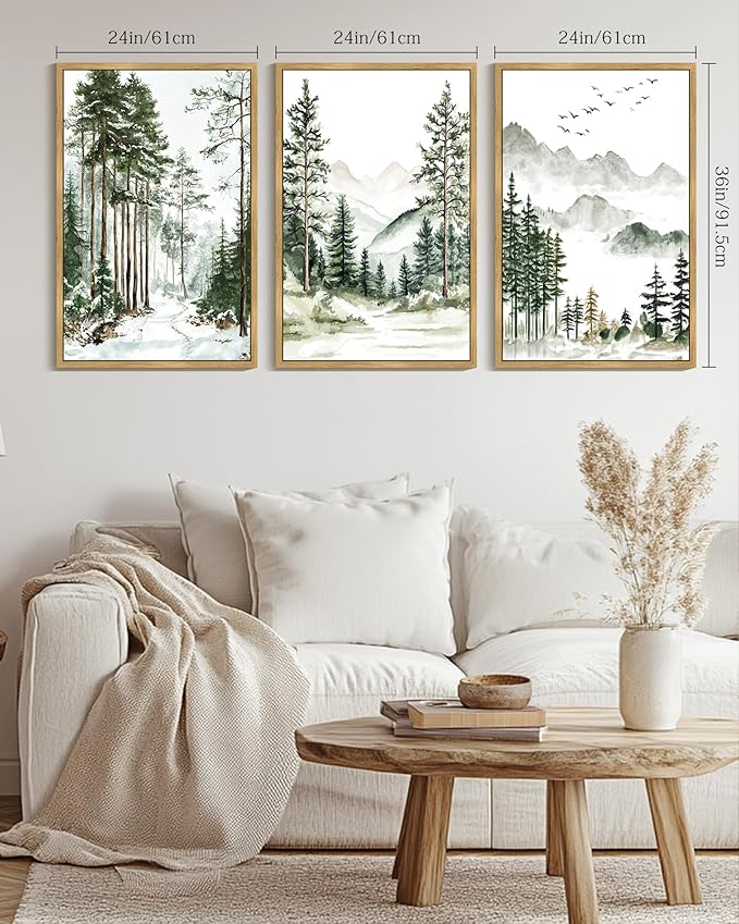 Drsoum Green Tree Forest Mountain Framed Wall Art Nature Landscape Prints Morden Wilderness Artwork Hallway Bedroom Ready to Hang 24x36in Natural Framed