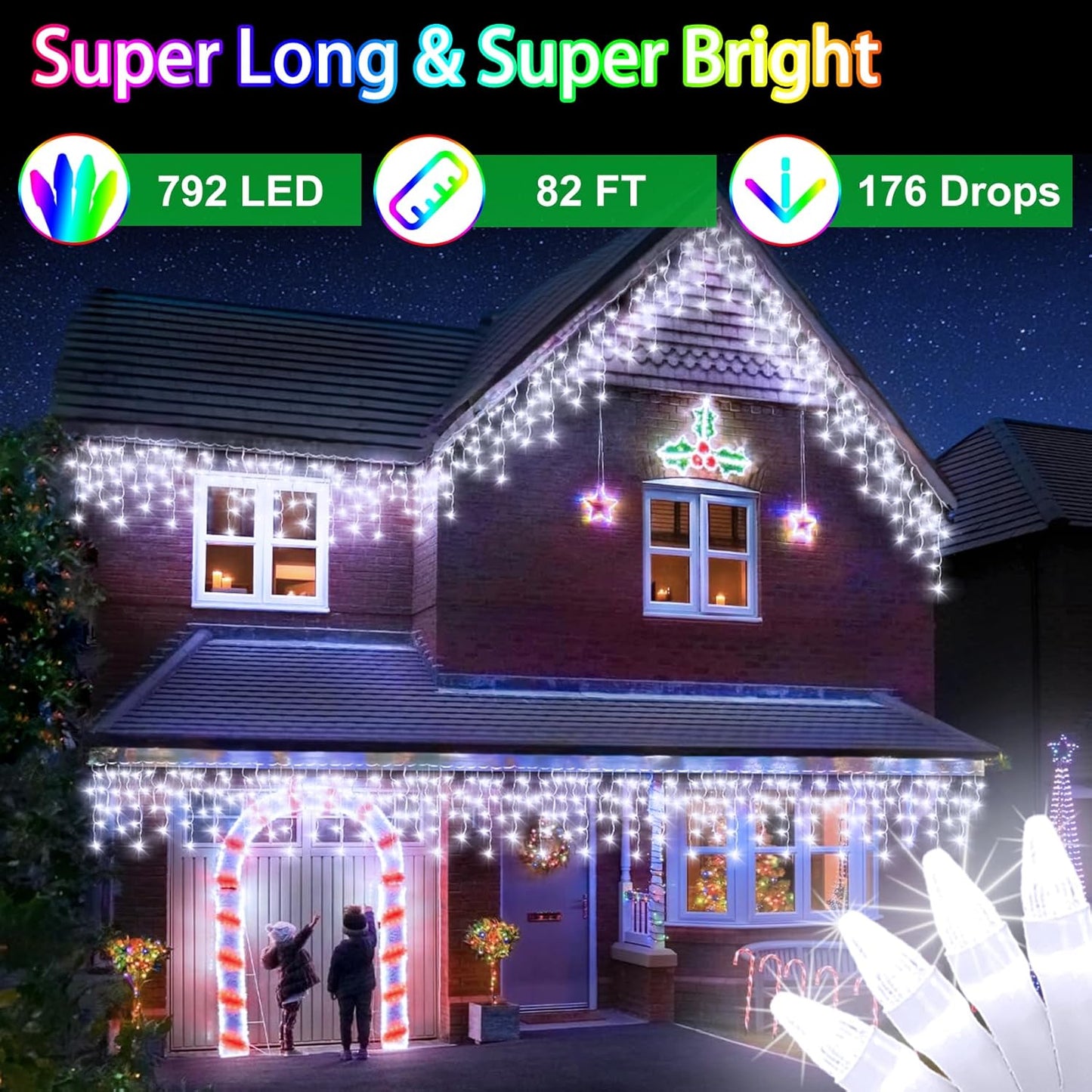 792 LED Christma Lights with 176 Drops, 82ft Outdoor Hanging lights with 8 Modes & Timer Memory, Outsite Waterproof Curtain String Lights for Front House Fence Tree Holiday Decorations Cool White