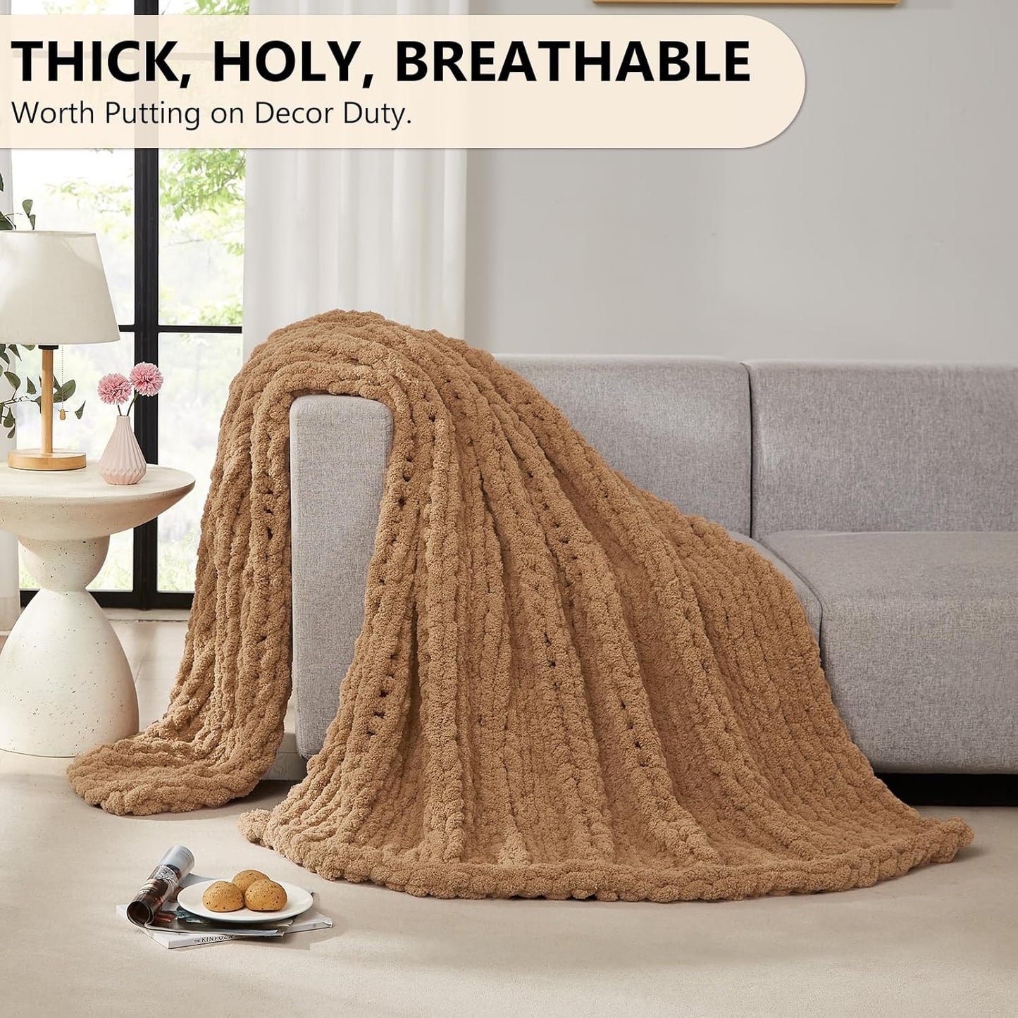 L'AGRATY Chunky Knit Blanket Throw: 60''x80'' Chenille Chunky Knitted Throw Blanket for Bed Couch - Handmade Thick Big Cable Knit Blanket - Large Crochet Rope Blanket for Home Decor(Tan)