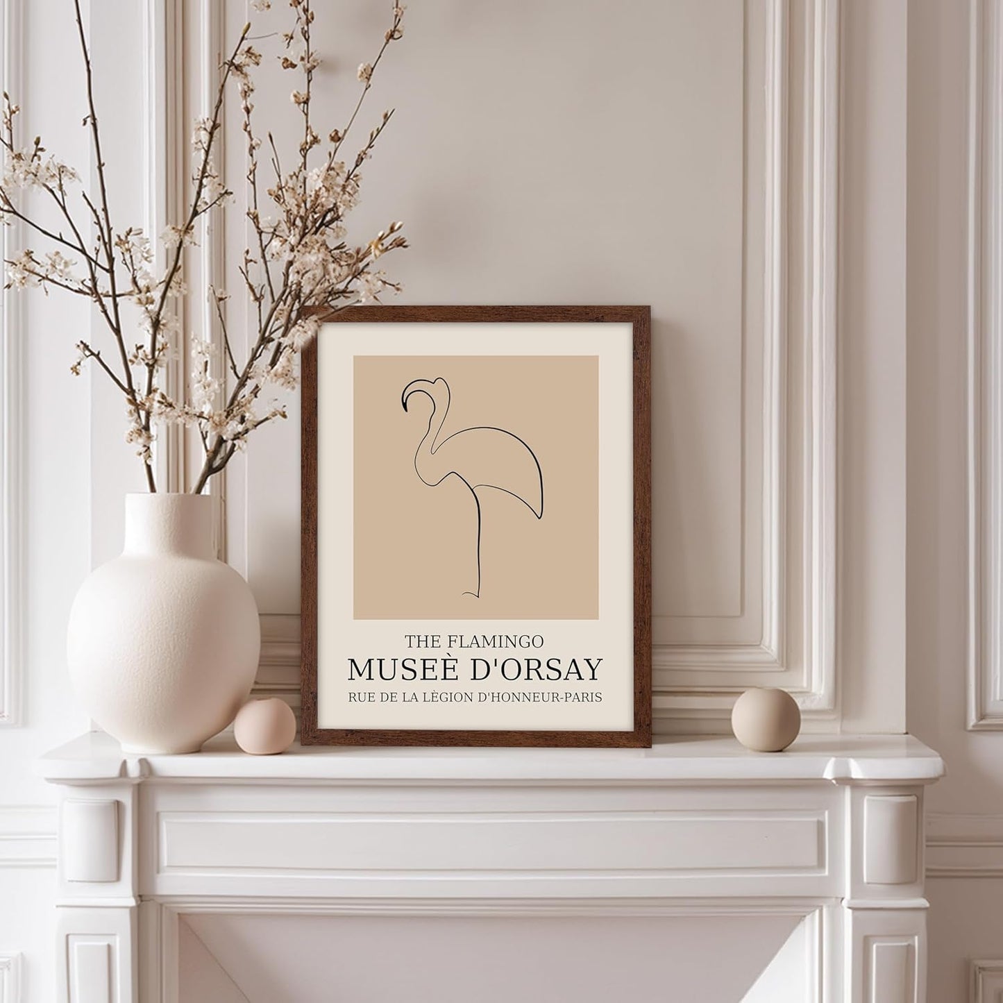 Poster Master Vintage Poster - Retro Minimalist Print - Gift for Artist, Housewarming - Flamingo, Line Drawing, Sketch, Abstract - Wall Decor for Living Room, Bedroom, 11x14 Brown Framed