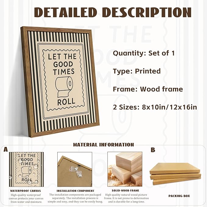 Framed Let The Good Times Roll Bathroom Print, Vintage Funny Toilet Quote Canvas Wall Art, Stripes Bathroom Picture Poster, Downstairs Toilet Painting Wall Decor 12x16 inch