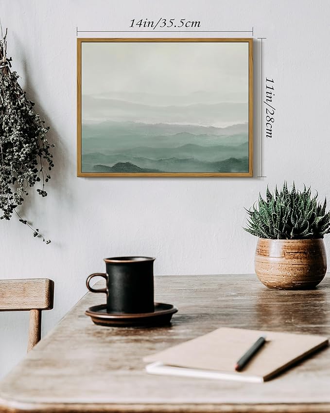 SHENIFY Vintage Landscape Framed Wall Art Foggy Mountain Farmhouse Decor Retro Wilderness Illustrations Decorative for Kitchen Living Room Bedroom Bathroom - 11x14in Natural Framed