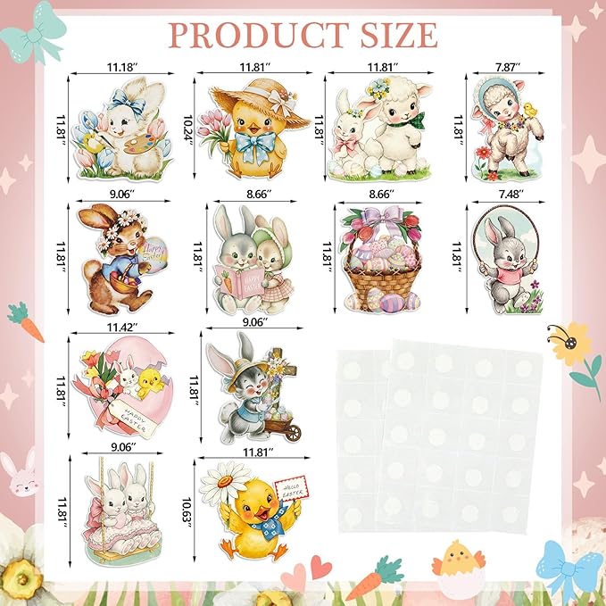 12 Pcs Large Vintage Easter Cutouts Watercolor Double Sided Printing Happy Easter Paper Cuts Spring Rustic Farmhouse Bunny Rabbit Egg Cutout for Party Baby Shower Birthday Classroom Wall Decor