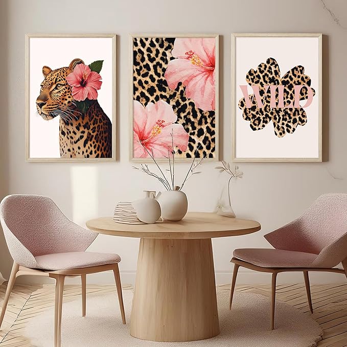 Trendy Leopard Wall Art Pink Cheetah Print Room Decor Leopard Flower Canvas Wall Decor Cheetah Aesthetic Poster Girly Pink Preppy Picture Funky Y2k Artwork for Girl Bedroom 16x24x3 Inch Wood Framed