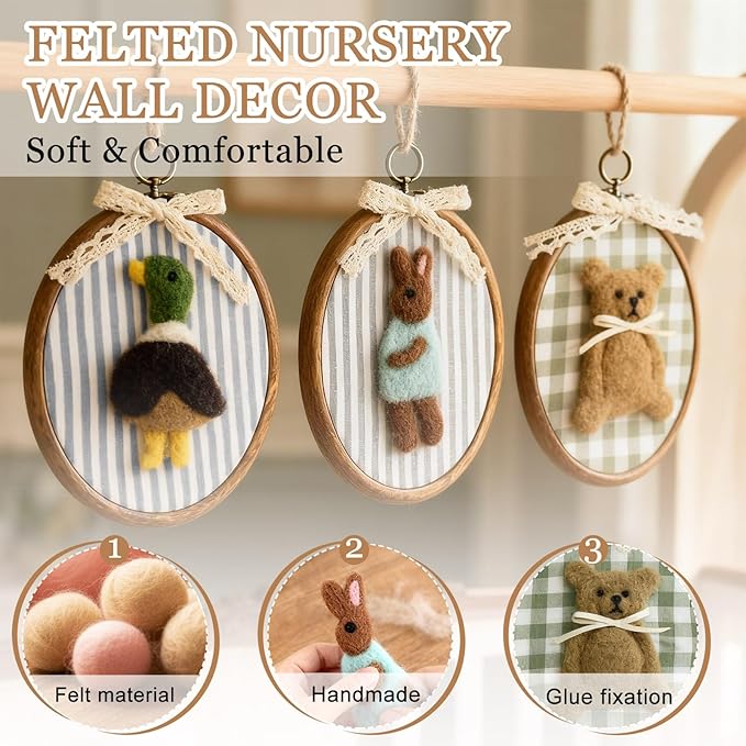 Soulchen 3 Pcs 5 x 6 Inch Felted Nursery Wall Decor with Bear Rabbit Mallard Cute Animal Wall Art Decorative Artwork for Nursery Bathroom Living Room Baby Room Bedroom Farmhouse Decoration