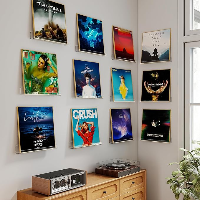12 Pack Vinyl Record Shelf Wall Mount, 12-Inch Clear Acrylic Album Storage Holder, Floating Display Shelves for Wall Decor, Magazine Shelf, Kids Bookshelf, Suitable for Bedroom, Living Room