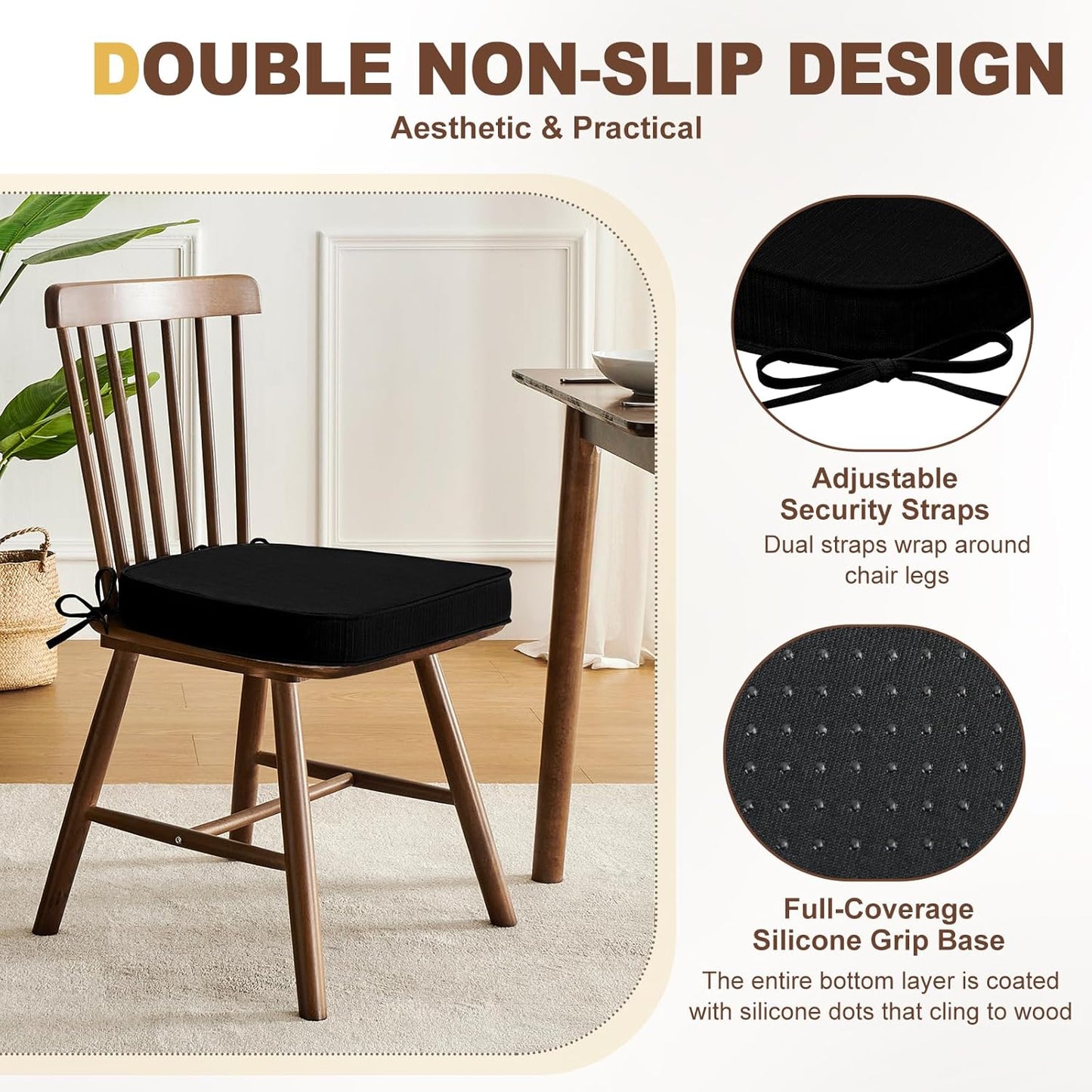 downluxe Chair Cushions for Dining Chairs, Waterproof Kitchen Chair Pads, Non-Slip Dining Seat Cushion with Ties, 17" x 16" x 2.5", Black, 4 Pack