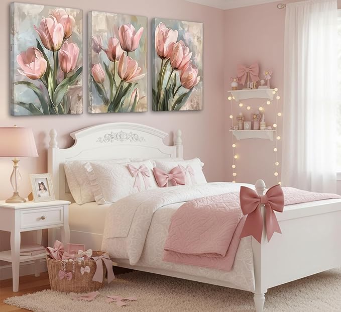 3 Pcs Vintage Pink Tulips Flowers Canvas Wall Art Retro Spring Pink and Green Floral Botanical Paintings Pictures Wall Decor Poster Print Artwork for Living Room Bedroom Home Decoration